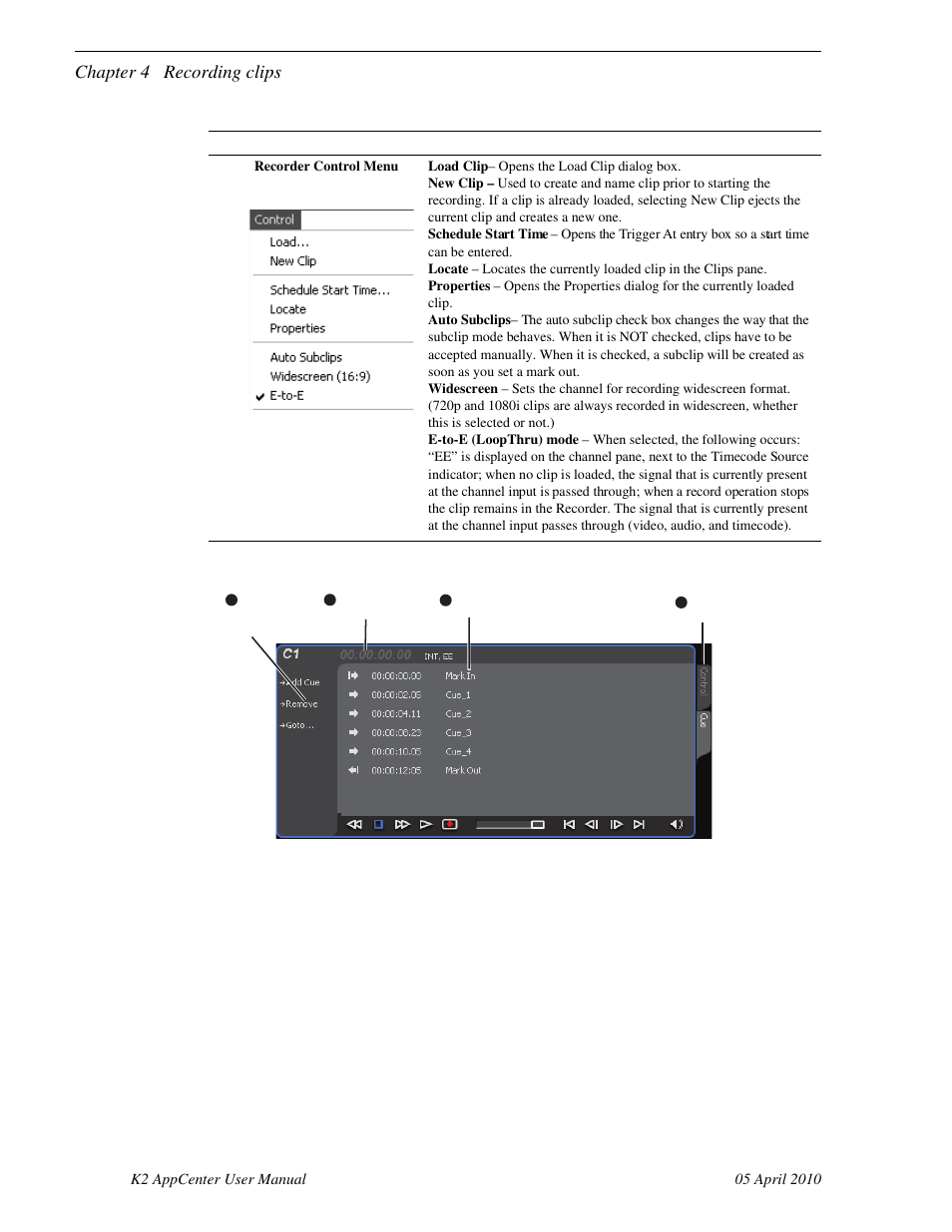 Chapter 4 recording clips | Grass Valley K2 AppCenter v.7.2 User Manual | Page 48 / 260