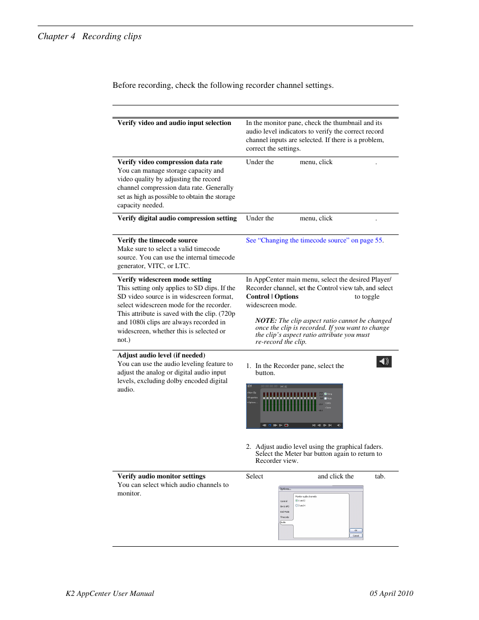 Before you record: recorder settings checklist, Chapter 4 recording clips | Grass Valley K2 AppCenter v.7.2 User Manual | Page 50 / 260