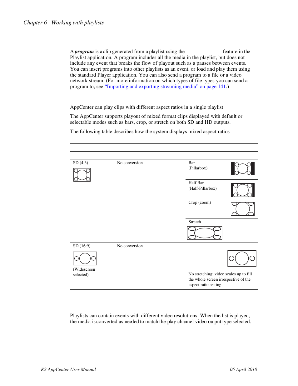 Working with programs, Using mixed aspect ratios in a playlist, Using mixed video resolutions in a single playlist | Grass Valley K2 AppCenter v.7.2 User Manual | Page 84 / 260