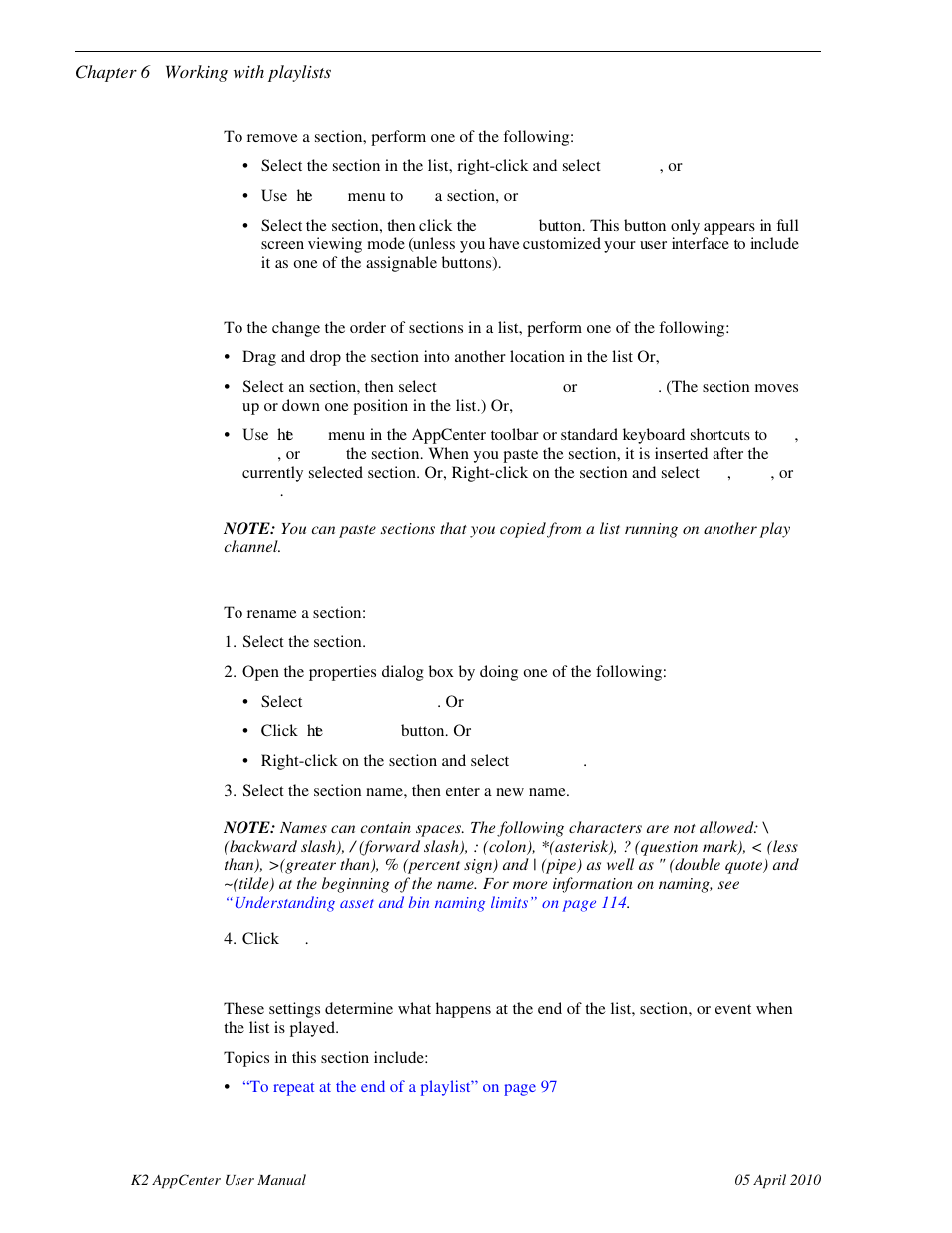 Moving and copying sections, Renaming sections, Adding play effects | Grass Valley K2 AppCenter v.7.2 User Manual | Page 96 / 260
