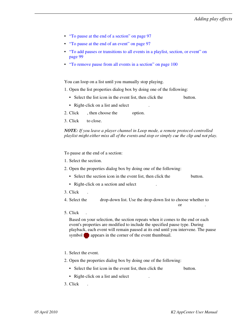 To repeat at the end of a playlist, To pause at the end of a section, To pause at the end of an event | Grass Valley K2 AppCenter v.7.2 User Manual | Page 97 / 260