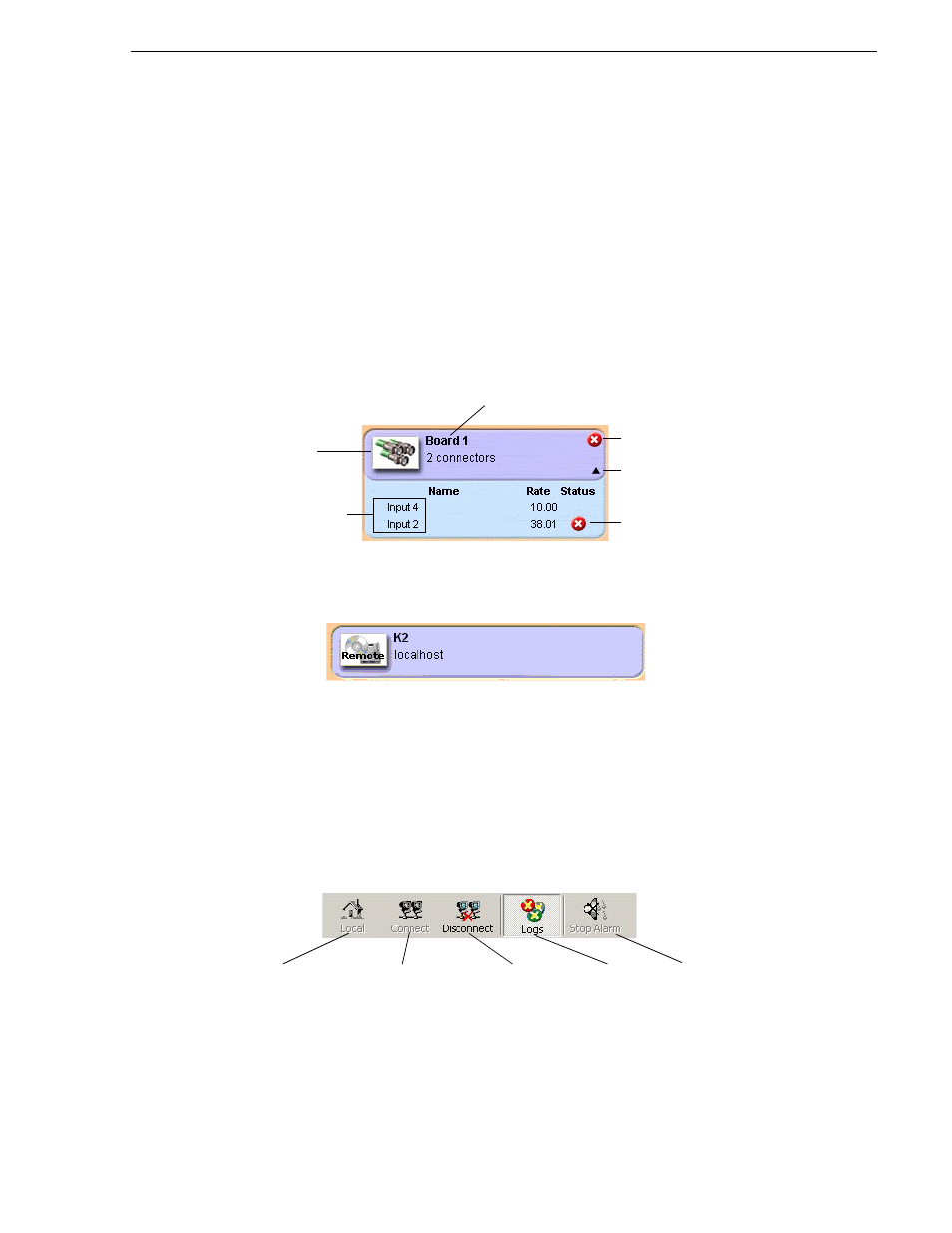 Inputs panel, Outputs panel, Toolbars | Main toolbar, Inputs panel outputs panel | Grass Valley K2 ASI Media Client User Manual | Page 17 / 62