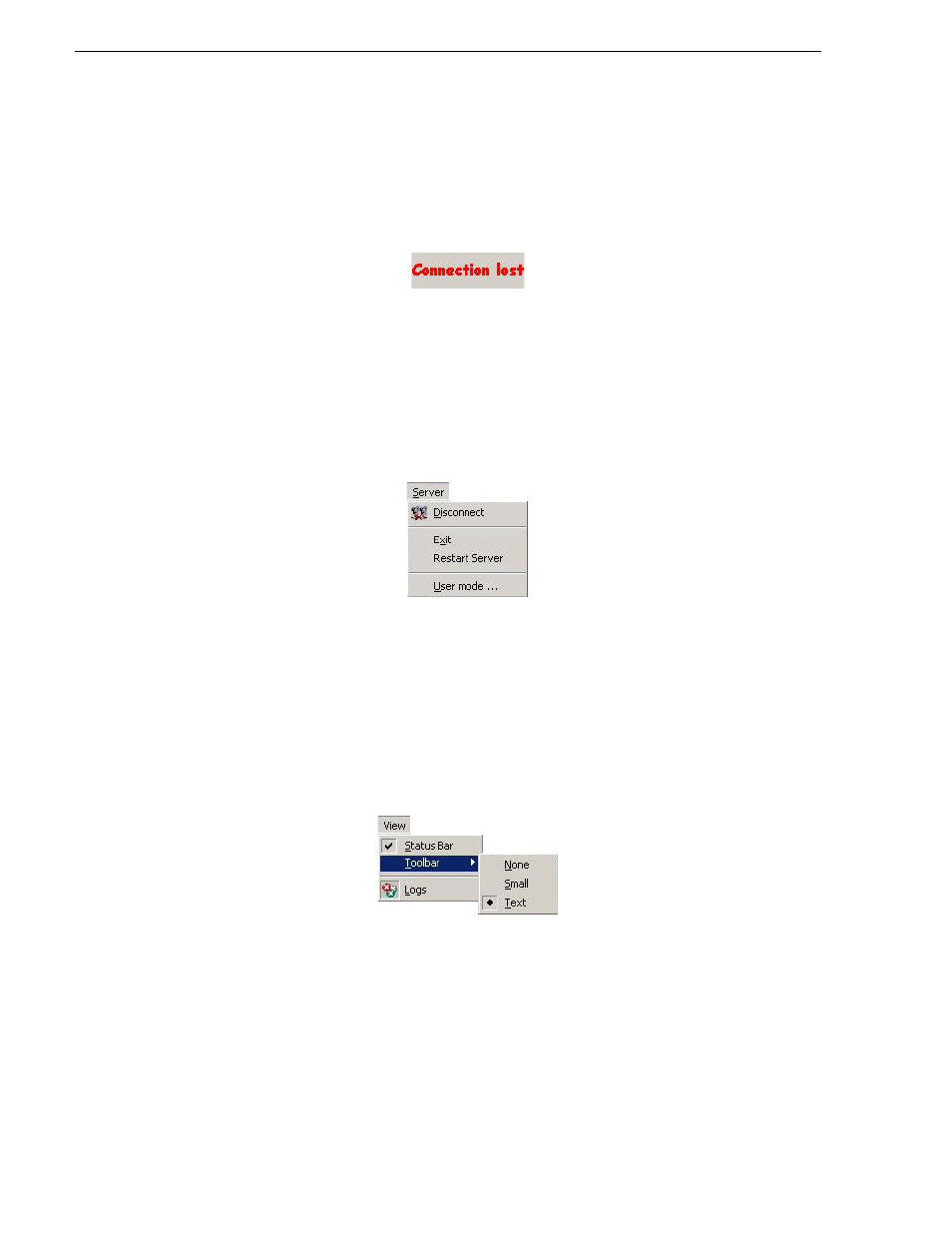 Connection status toolbar, Menu bar, Server menu | View menu, Server menu view menu | Grass Valley K2 ASI Media Client User Manual | Page 18 / 62