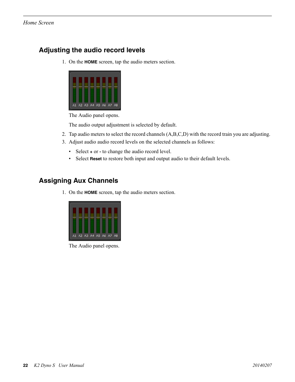 Adjusting the audio record levels, Assigning aux channels | Grass Valley K2 Dyno S Replay Controller v.3.2 User Manual | Page 22 / 106