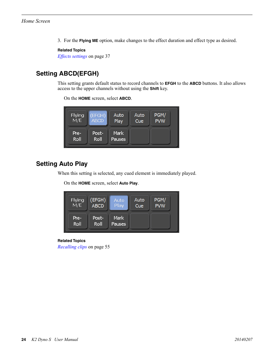 Setting abcd(efgh), Setting auto play, Setting abcd(efgh) setting auto play | Grass Valley K2 Dyno S Replay Controller v.3.2 User Manual | Page 24 / 106