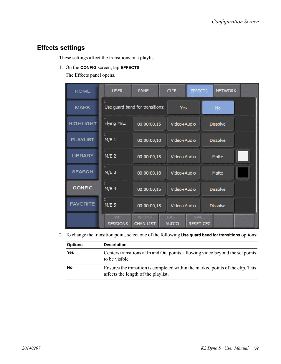 Effects settings | Grass Valley K2 Dyno S Replay Controller v.3.2 User Manual | Page 37 / 106