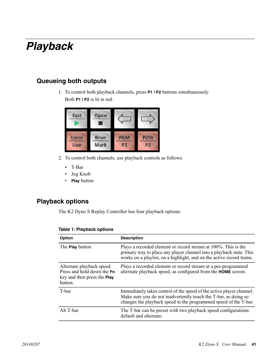 Playback, Queueing both outputs, Playback options | Queueing both outputs playback options | Grass Valley K2 Dyno S Replay Controller v.3.2 User Manual | Page 41 / 106