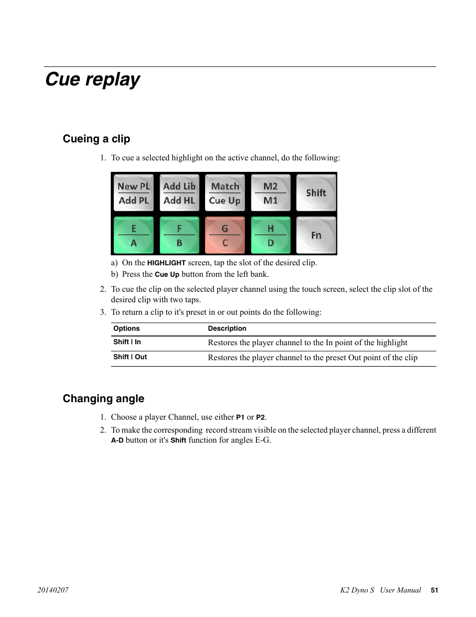 Cue replay, Cueing a clip, Changing angle | Cueing a clip changing angle | Grass Valley K2 Dyno S Replay Controller v.3.2 User Manual | Page 51 / 106