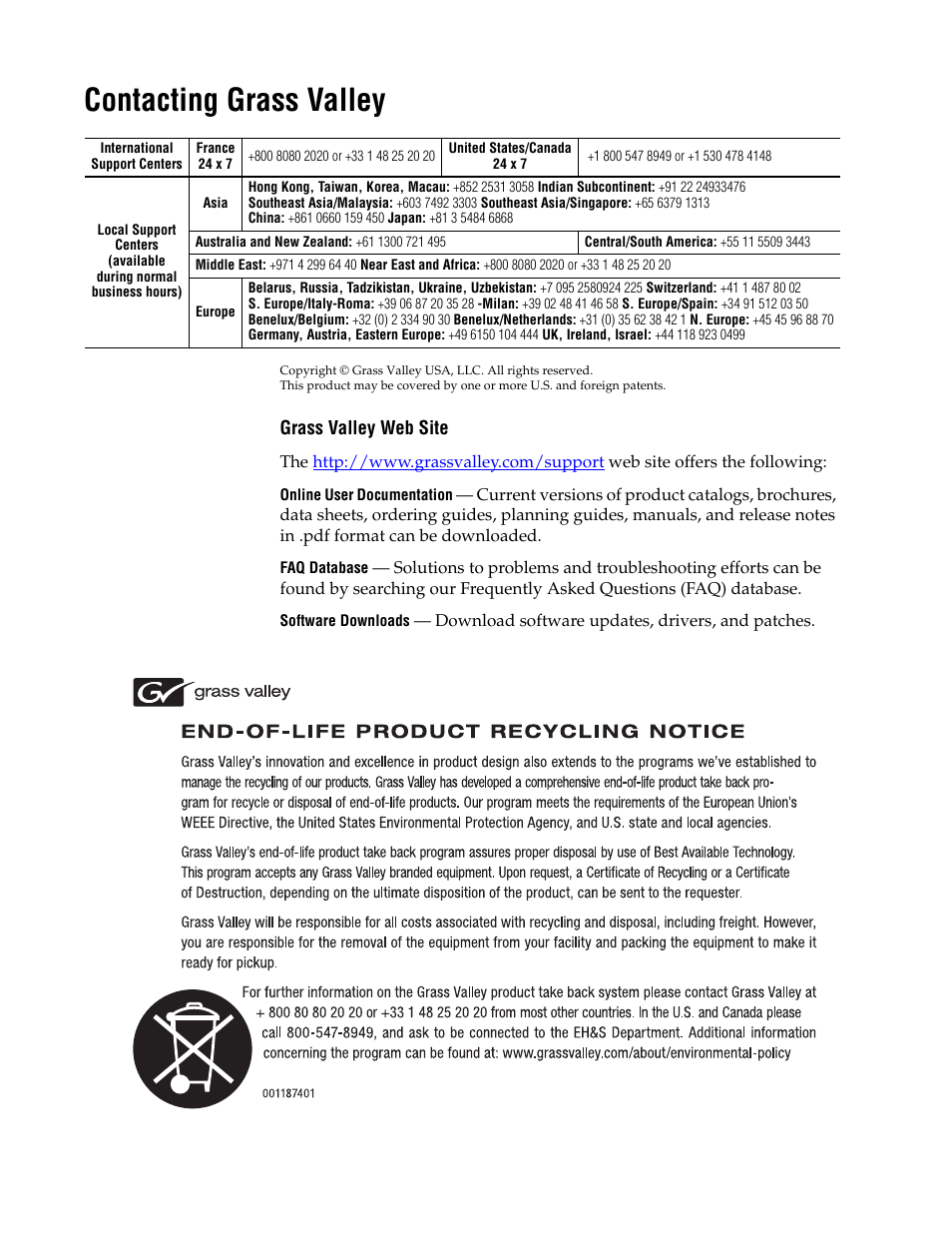 Contacting grass valley | Grass Valley K2 Dyno S Quick Start v.3.0 User Manual | Page 4 / 34