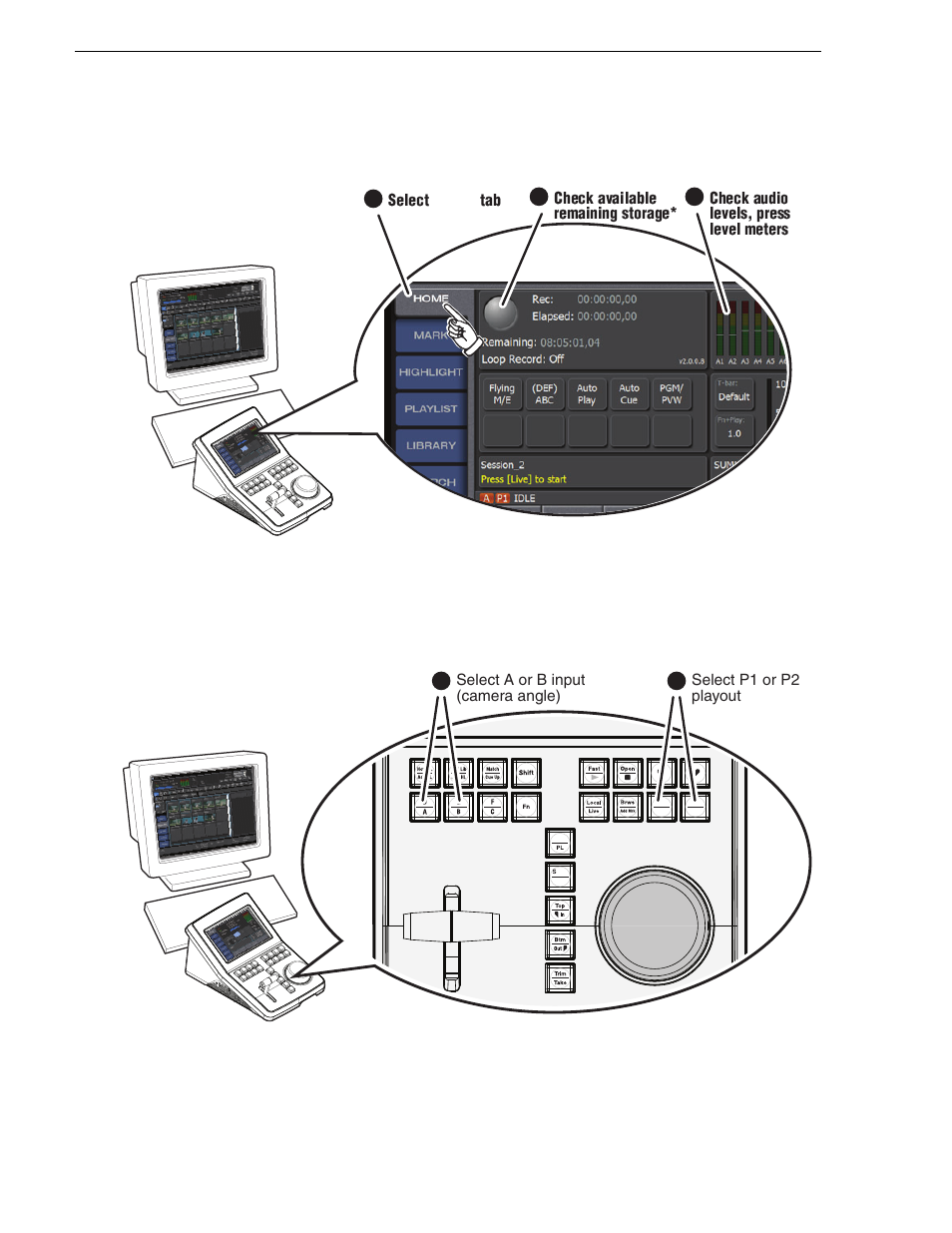 Select input and playout channels, View home page status, Chapter 2 operation | Grass Valley K2 Dyno Quick Start v.2.0 User Manual | Page 14 / 36