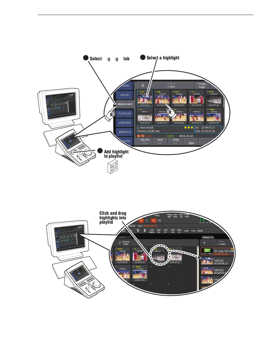 Create a playlist: controller interface, Create a playlist: vga interface | Grass Valley K2 Dyno Quick Start v.2.0 User Manual | Page 19 / 36