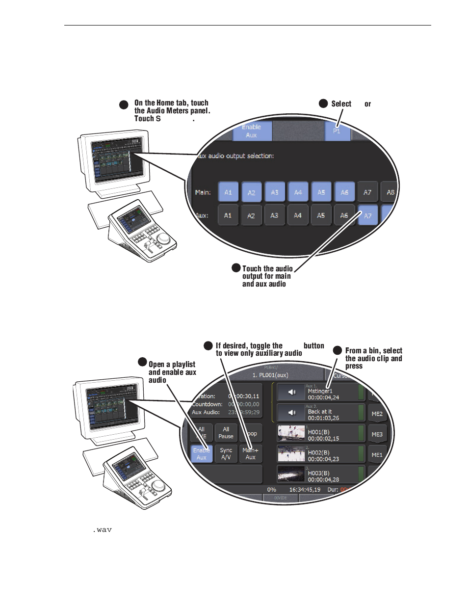 Setting up auxiliary audio, Add auxiliary audio to a playlist | Grass Valley K2 Dyno Quick Start v.2.0 User Manual | Page 21 / 36