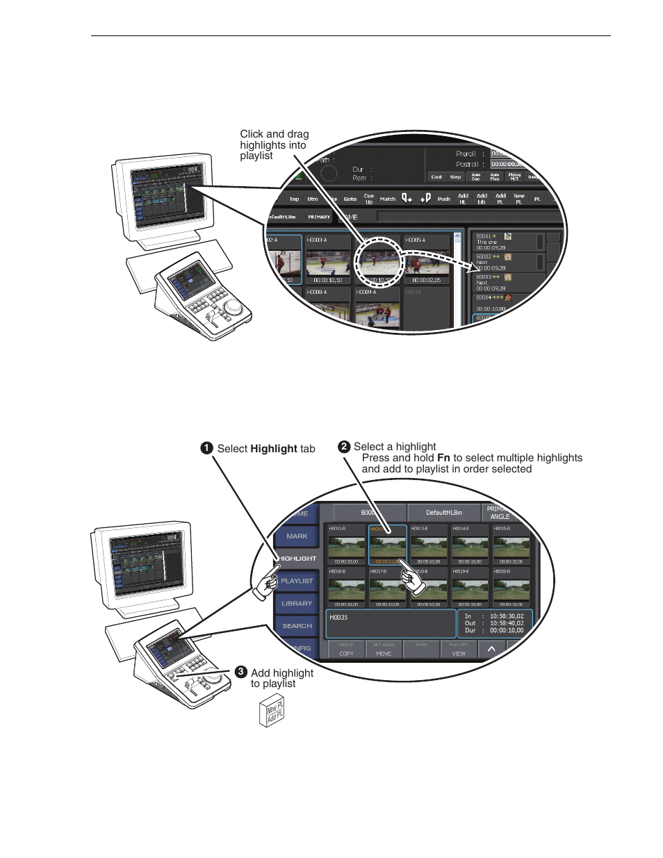 Create a playlist: vga interface, Create a playlist: controller interface | Grass Valley K2 Dyno Quick Start v.1.6 User Manual | Page 19 / 36