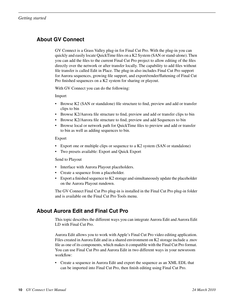 About gv connect, About aurora edit and final cut pro | Grass Valley GV Browse v.1.1.0 User Manual | Page 10 / 26