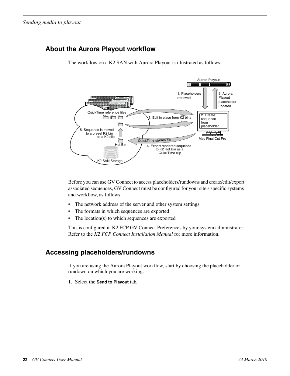 About the aurora playout workflow, Accessing placeholders/rundowns, Sending media to playout | Grass Valley GV Browse v.1.1.0 User Manual | Page 22 / 26