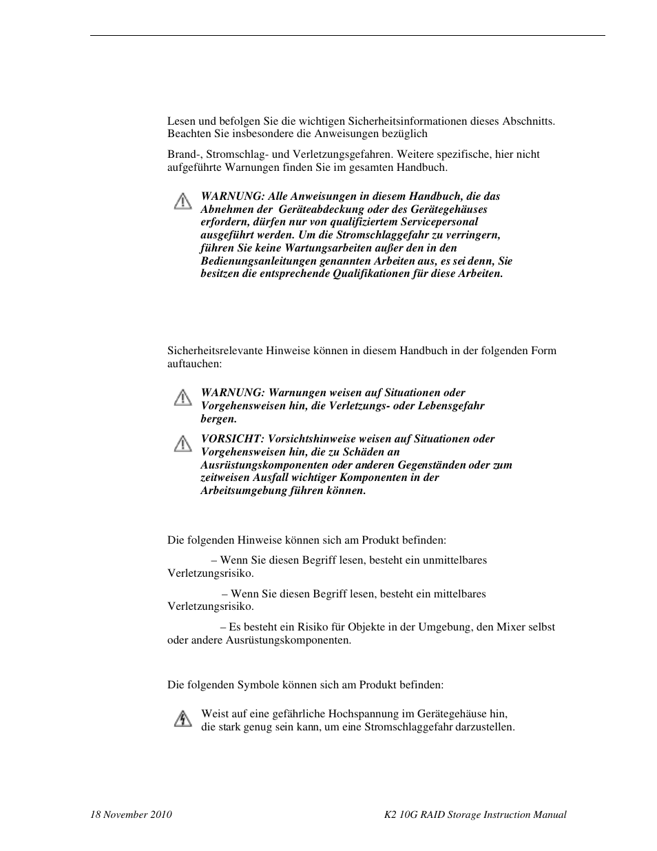 Sicherheit – überblick, Sicherheit – begriffe und symbole | Grass Valley K2 10G RAID User Manual | Page 12 / 77
