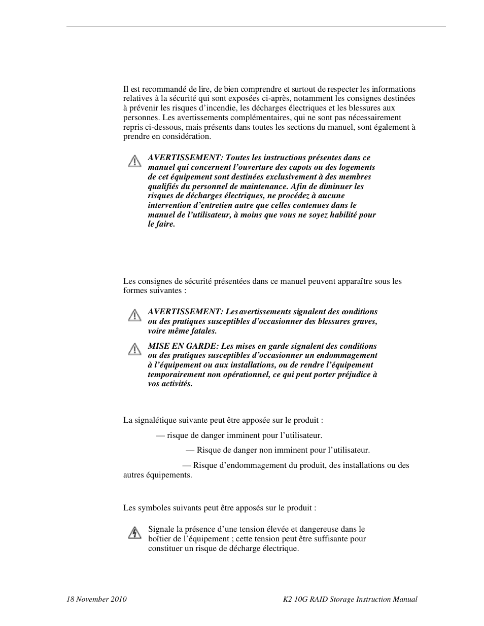 Consignes desécurité, Consignes et symboles de sécurité | Grass Valley K2 10G RAID User Manual | Page 16 / 77