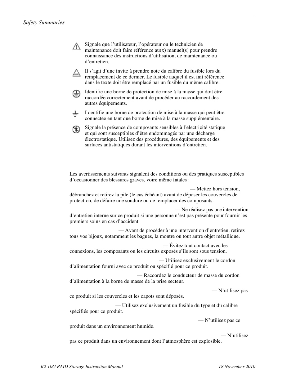 Avertissements | Grass Valley K2 10G RAID User Manual | Page 17 / 77