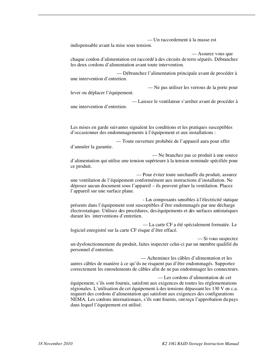 Mises en garde | Grass Valley K2 10G RAID User Manual | Page 18 / 77