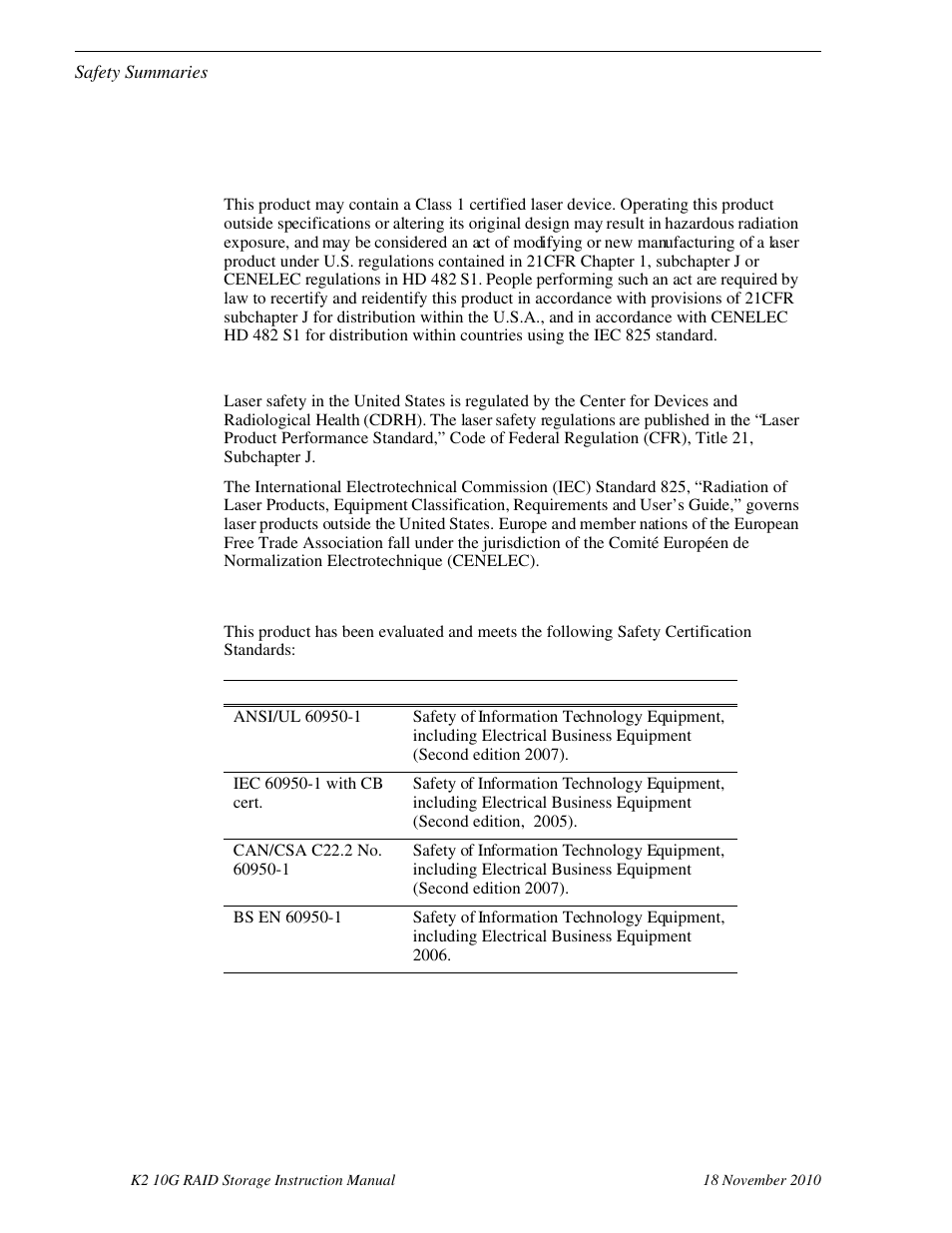 Laser compliance, Safety certification | Grass Valley K2 10G RAID User Manual | Page 21 / 77