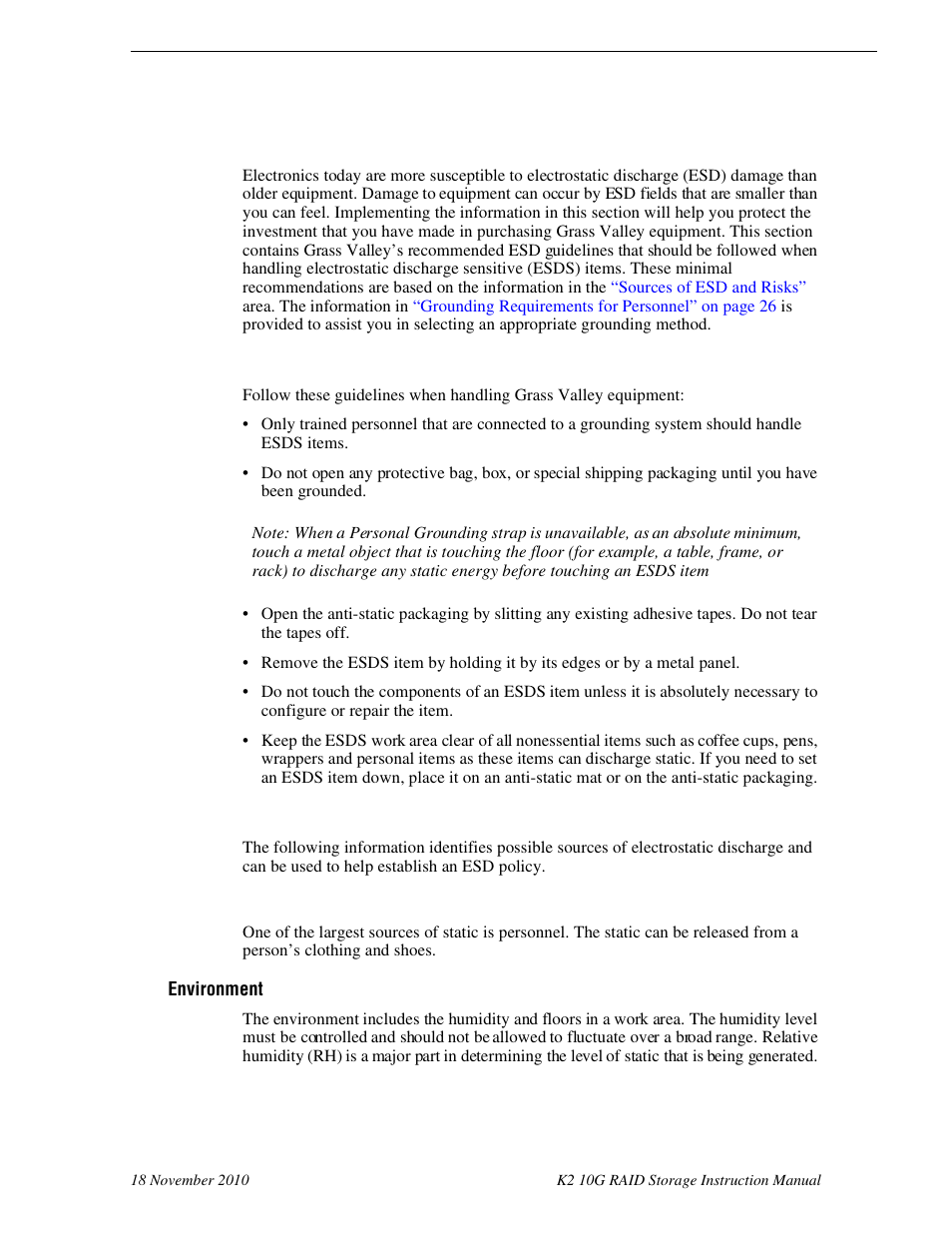 Esd protection, Recommended esd guidelines, Sources of esd and risks | Grass Valley K2 10G RAID User Manual | Page 22 / 77