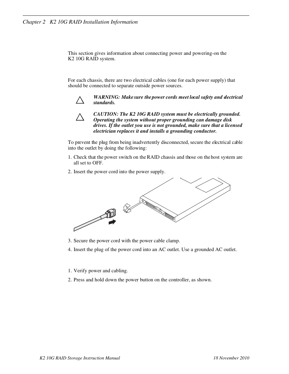 K2 10g raid power-up and initialization, Connecting electrical cables, Powering-up the k2 10g raid system | Grass Valley K2 10G RAID User Manual | Page 49 / 77