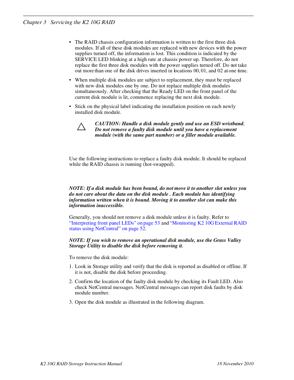 Removing and installing disk modules, Removing a disk module | Grass Valley K2 10G RAID User Manual | Page 61 / 77