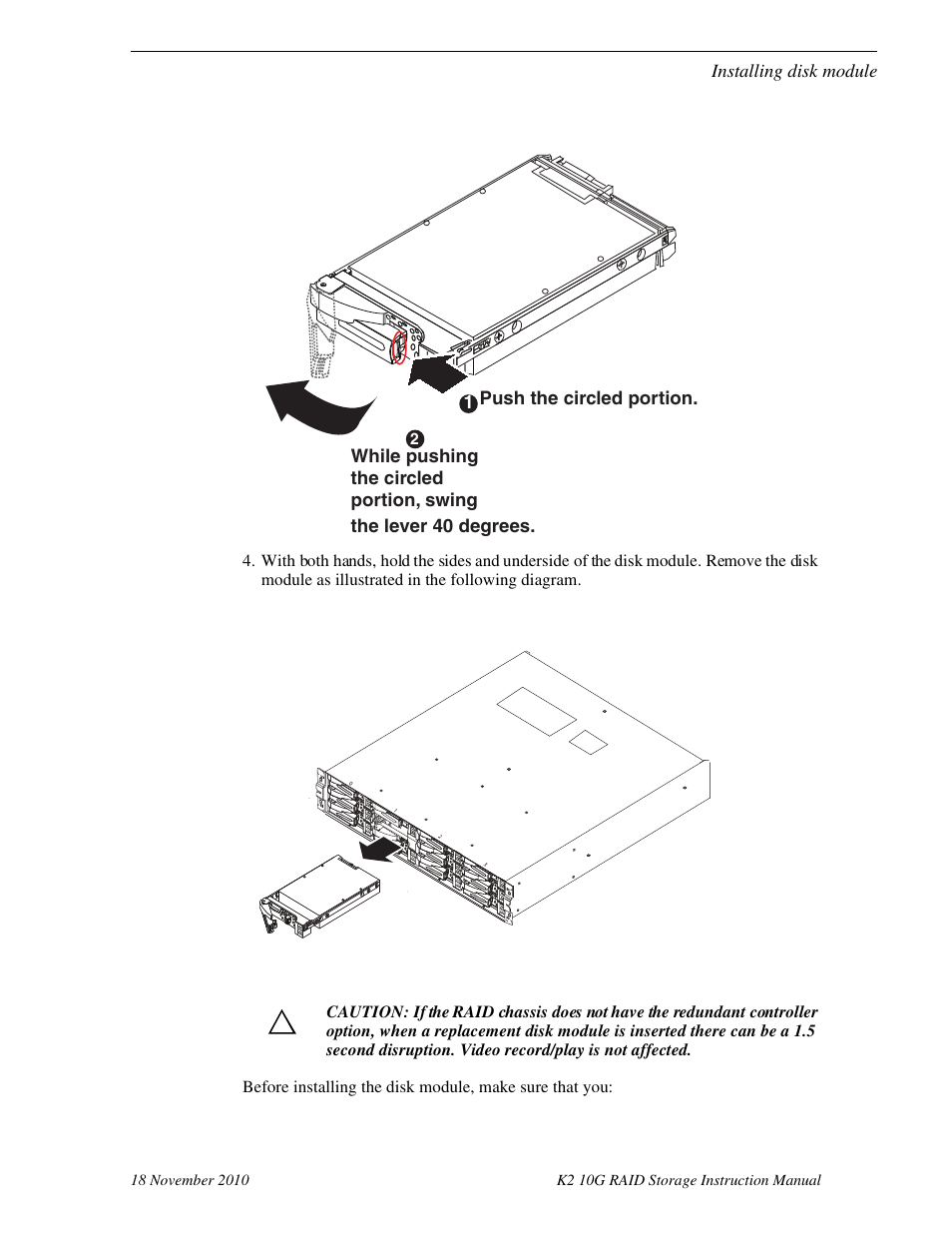 Installing disk module | Grass Valley K2 10G RAID User Manual | Page 62 / 77