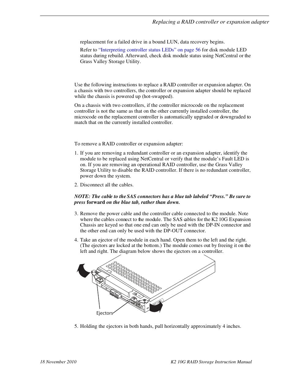 Replacing a raid controller or expansion adapter, Removing a raid controller or expansion adapter | Grass Valley K2 10G RAID User Manual | Page 64 / 77