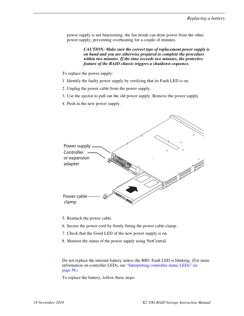 Replacing a battery, Power cable clamp, Power supply controller or expansion adapter | Grass Valley K2 10G RAID User Manual | Page 66 / 77