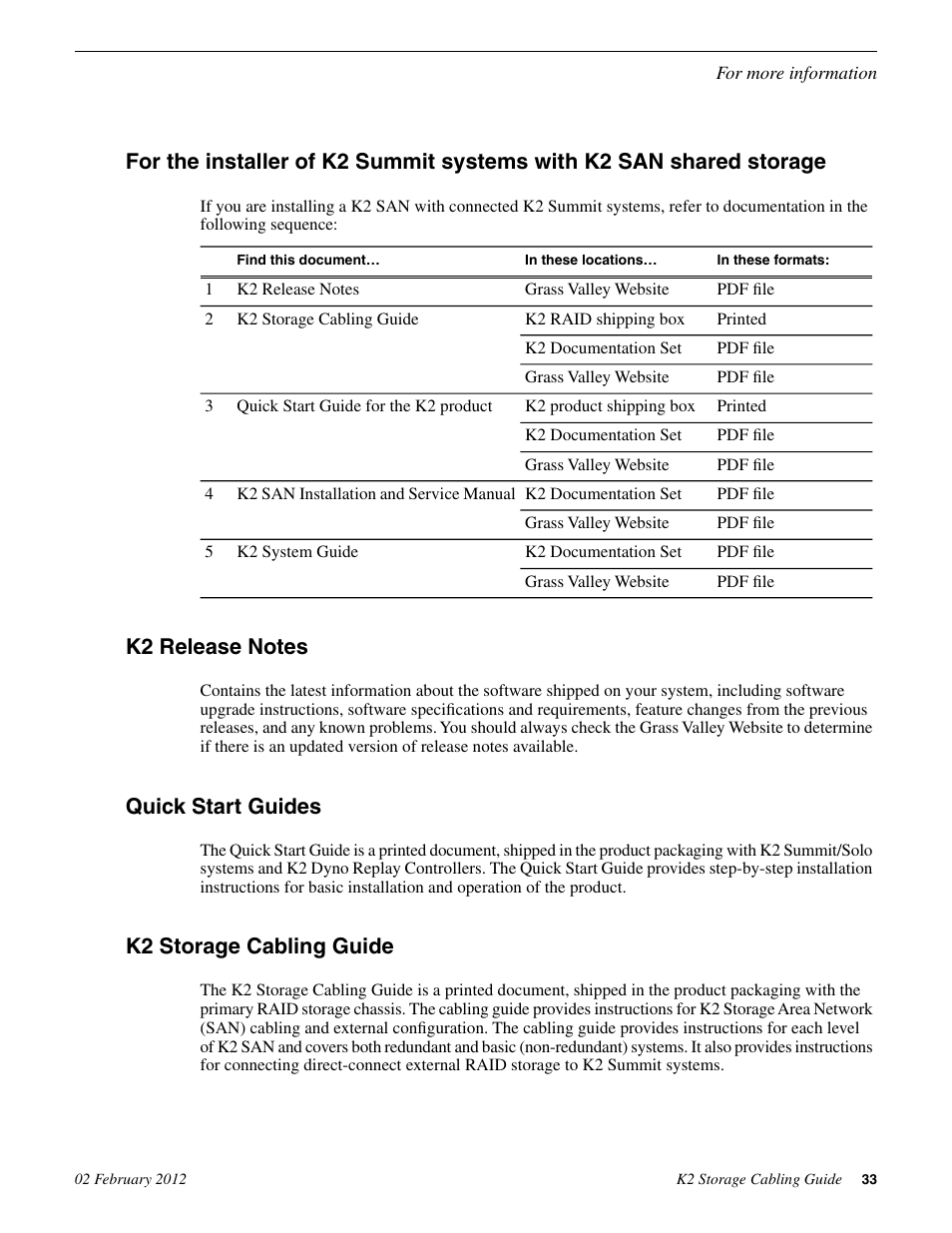K2 release notes, Quick start guides, K2 storage cabling guide | Grass Valley K2 Storage v.8.1 User Manual | Page 33 / 38