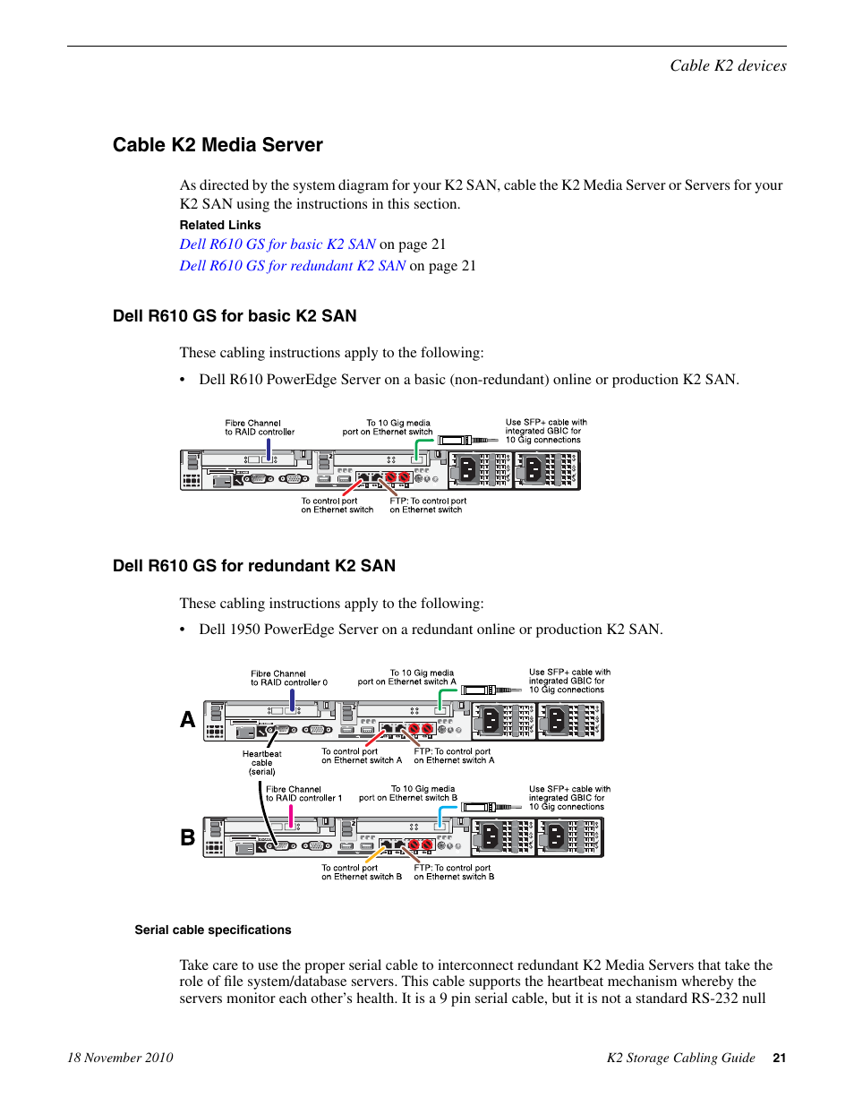 Cable k2 media server, Dell r610 gs for basic k2 san, Dell r610 gs for redundant k2 san | Serial cable specifications | Grass Valley K2 Storage SAN and Direct-Connect User Manual | Page 21 / 38