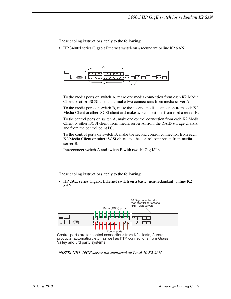 3400cl hp gige switch for redundant k2 san, 29xx hp gige switch for basic k2 san | Grass Valley K2 Storage User Manual | Page 29 / 74
