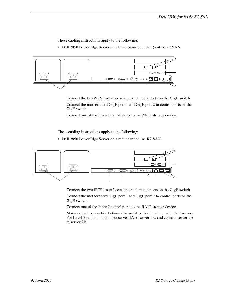 Dell 2850 for basic k2 san, Dell 2850 for redundant k2 san | Grass Valley K2 Storage User Manual | Page 33 / 74