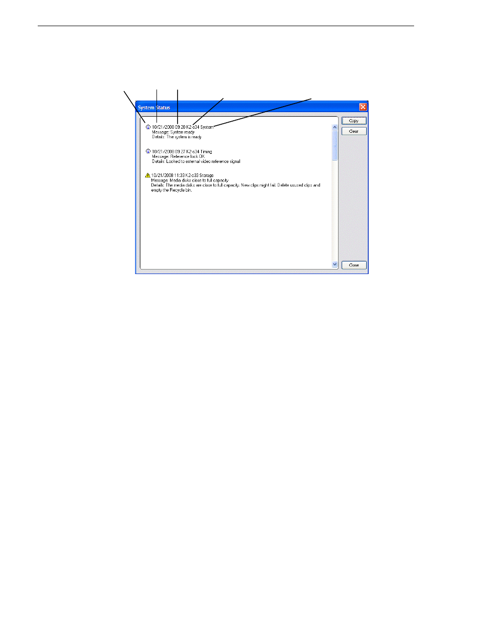 Copying statuspane messages to the clip board, Clearing messages | Grass Valley K2 Media Client Service Manual v.3.3 User Manual | Page 50 / 154