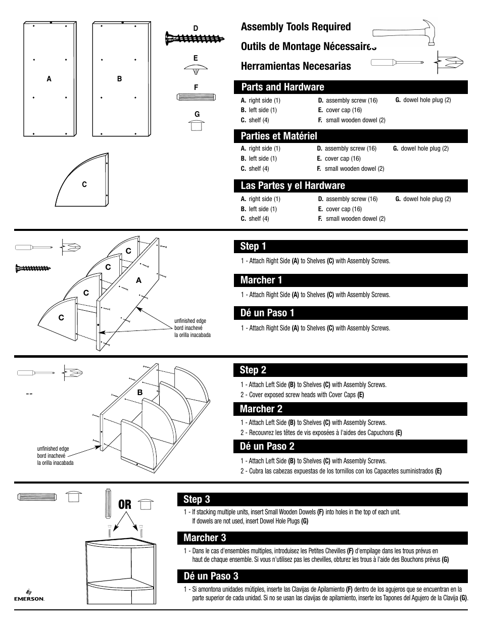 Step 1, Marcher 1, Dé un paso 1 | Las partes y el hardware parts and hardware, Step 3 marcher 3, Dé un paso 3, Parties et matériel, Step 2, Marcher 2, Dé un paso 2 | Closet Maid Stackable Storage Organizer SSOCRN User Manual | Page 2 / 2