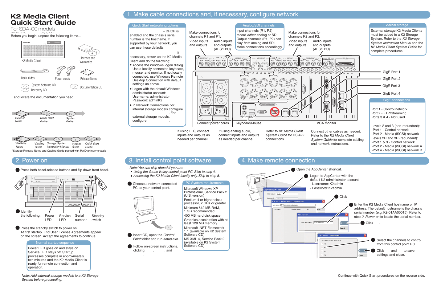 Grass Valley K2 Media Client Quick Start Guide for SDA-00 models Aug.01 2007 User Manual | 2 pages