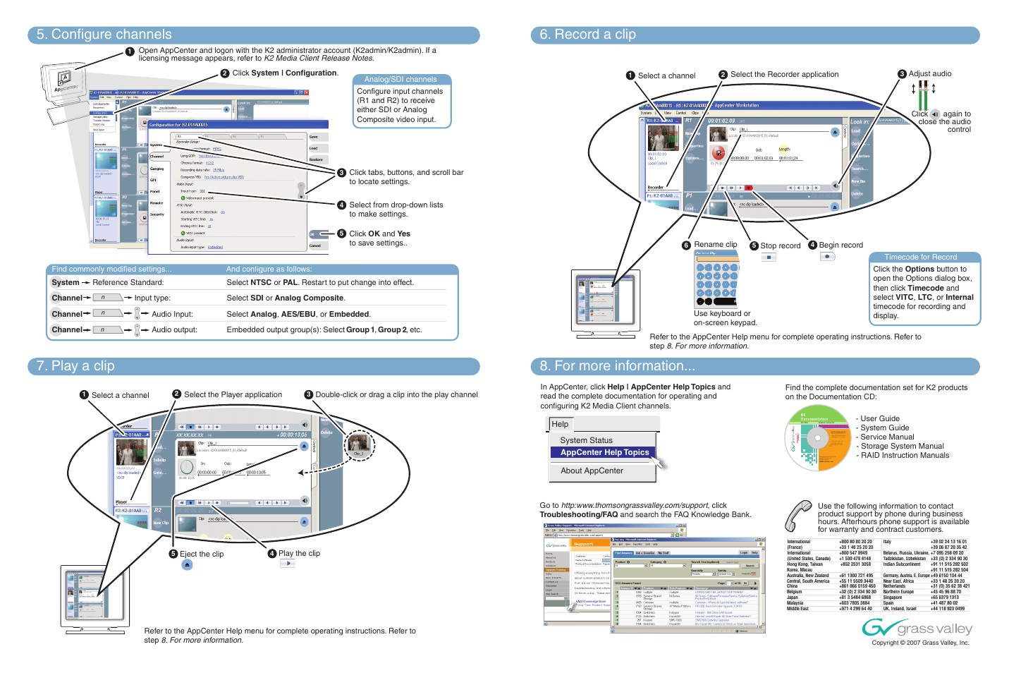 8576-00t2.pdf, Select a channel, Select the recorder application | Rename clip, Begin record, Stop record, Eject the clip | Grass Valley K2 Media Client Quick Start Guide for SDA-00 models Aug.01 2007 User Manual | Page 2 / 2