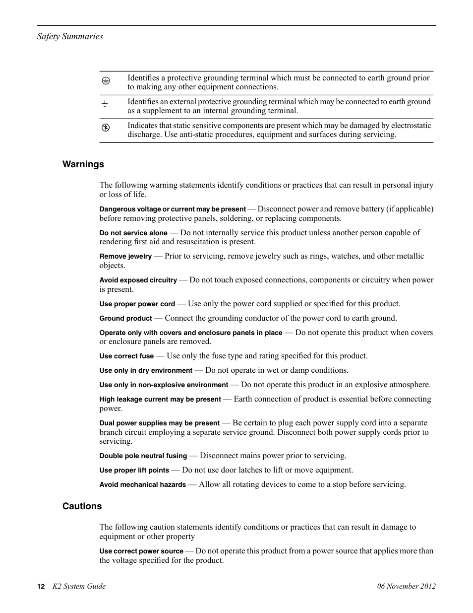 Warnings, Cautions | Grass Valley K2 System Guide v.9.0 User Manual | Page 12 / 284