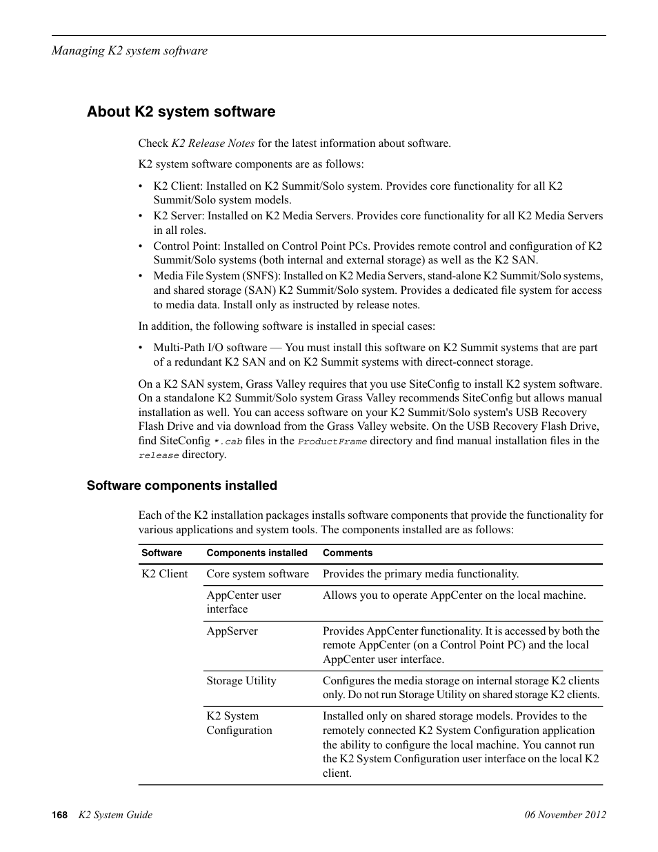 About k2 system software, Software components installed | Grass Valley K2 System Guide v.9.0 User Manual | Page 168 / 284