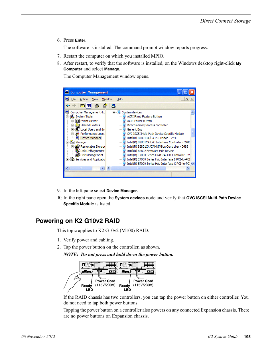 Powering on k2 g10v2 raid | Grass Valley K2 System Guide v.9.0 User Manual | Page 195 / 284