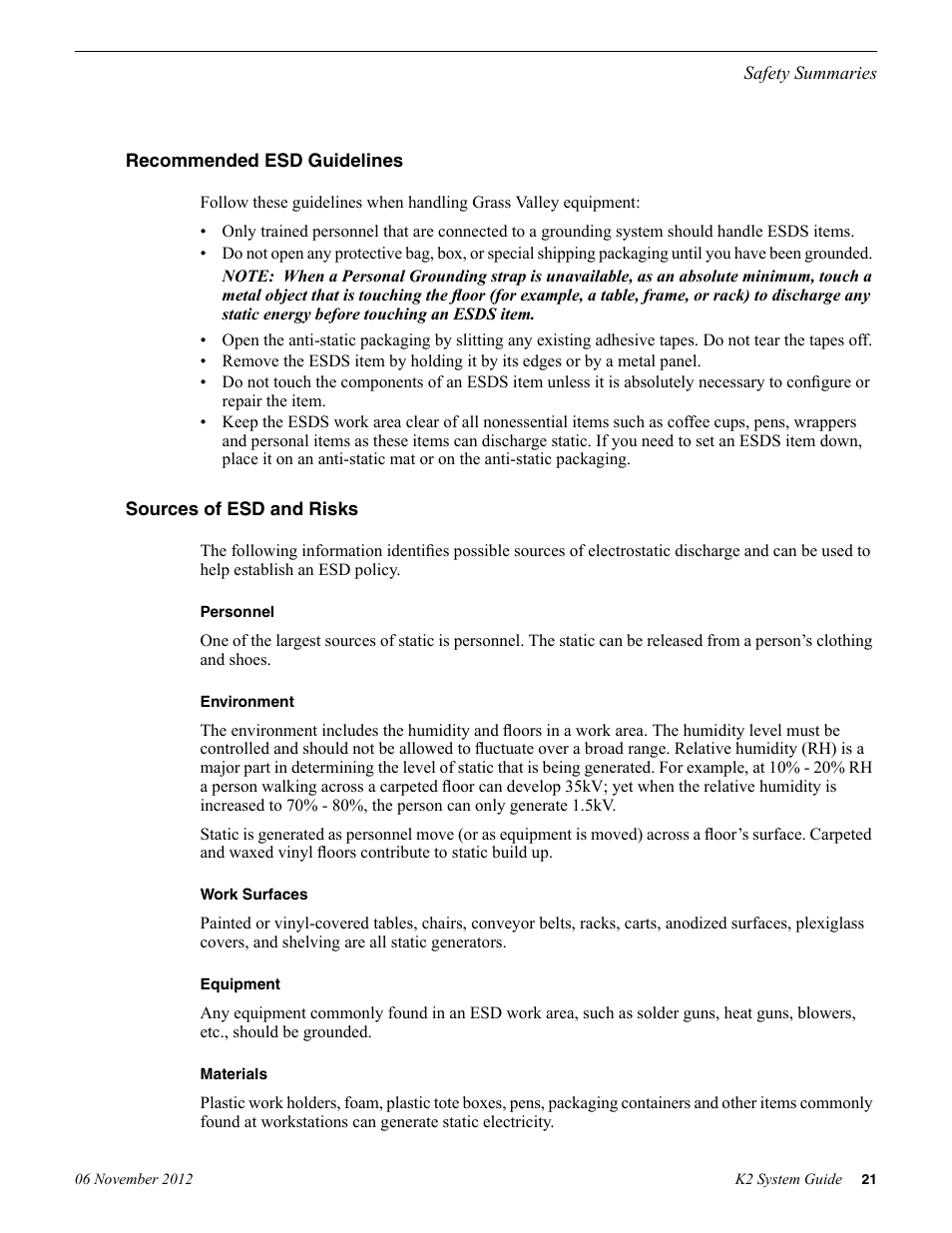 Recommended esd guidelines, Sources of esd and risks | Grass Valley K2 System Guide v.9.0 User Manual | Page 21 / 284