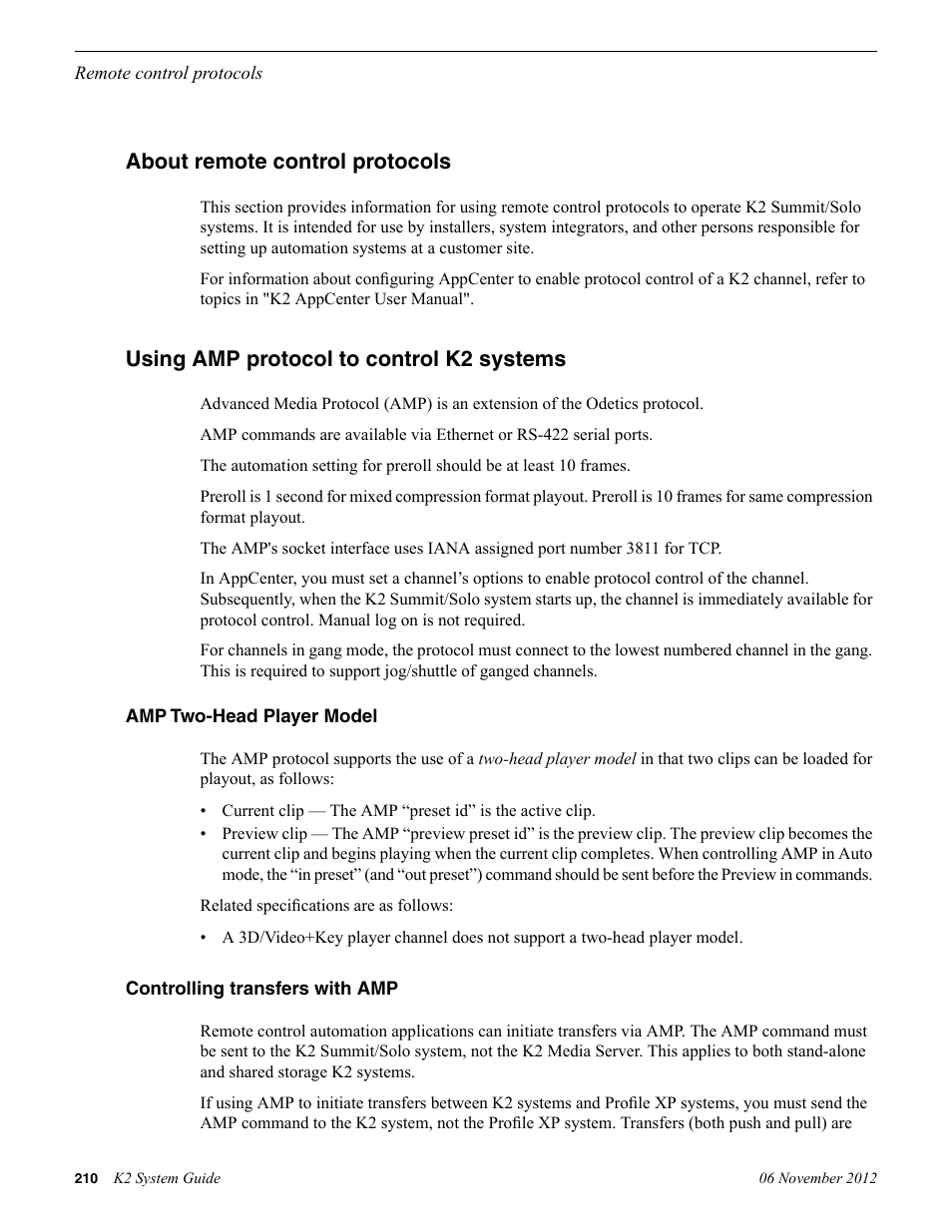 About remote control protocols, Using amp protocol to control k2 systems, Amp two-head player model | Controlling transfers with amp | Grass Valley K2 System Guide v.9.0 User Manual | Page 210 / 284