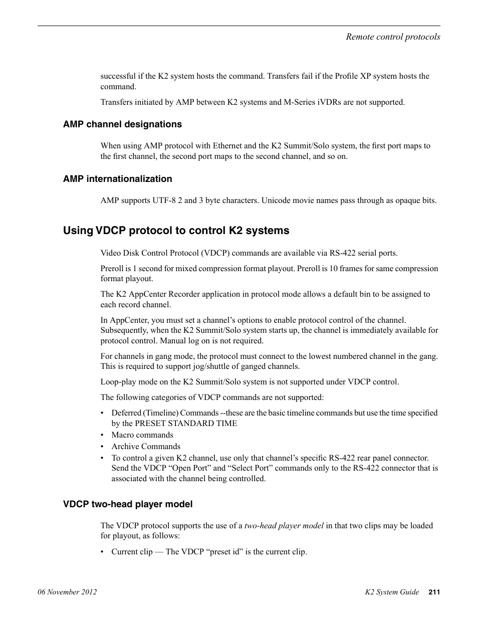 Amp channel designations, Amp internationalization, Using vdcp protocol to control k2 systems | Vdcp two-head player model, Amp channel designations amp internationalization | Grass Valley K2 System Guide v.9.0 User Manual | Page 211 / 284