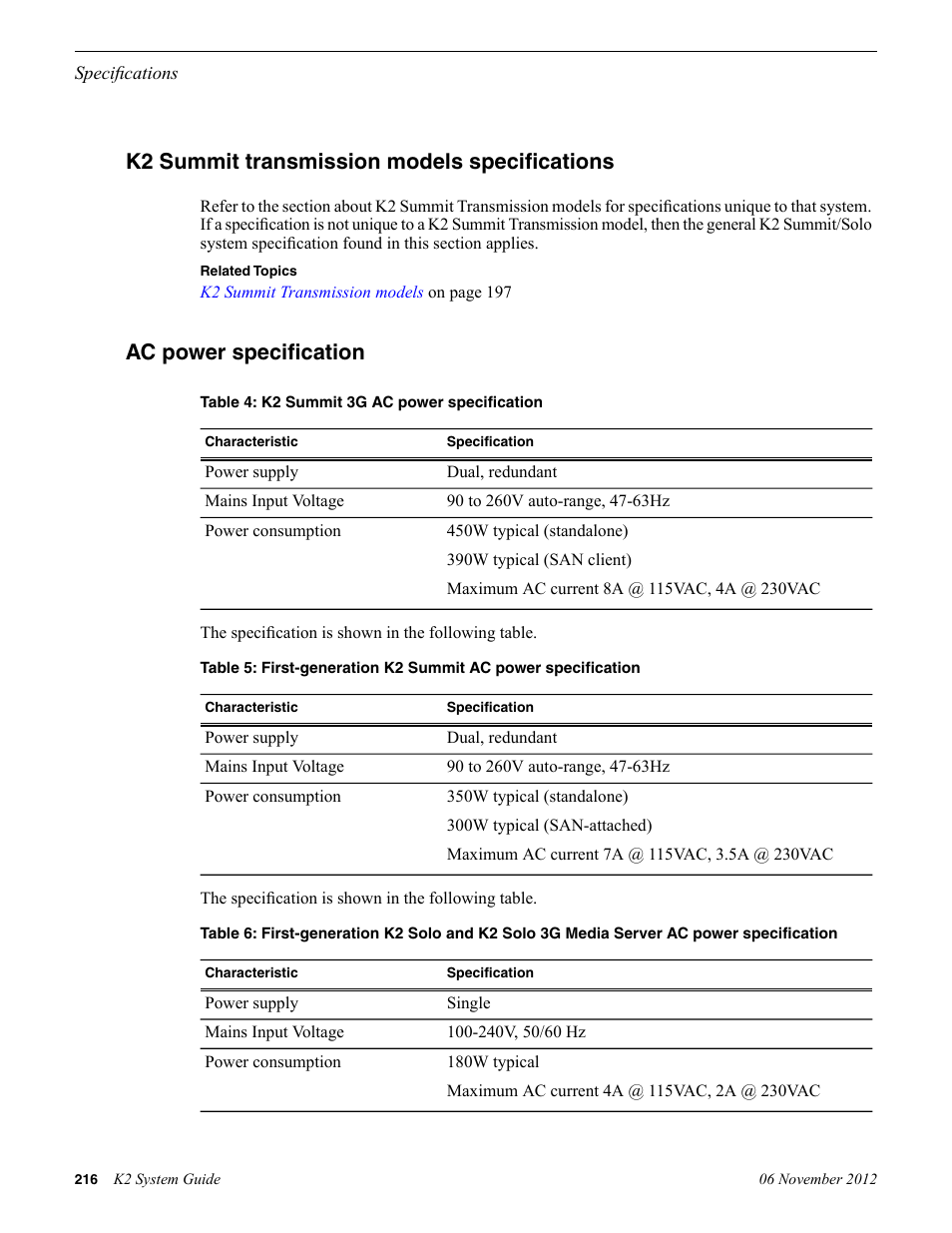 K2 summit transmission models specifications, Ac power specification | Grass Valley K2 System Guide v.9.0 User Manual | Page 216 / 284