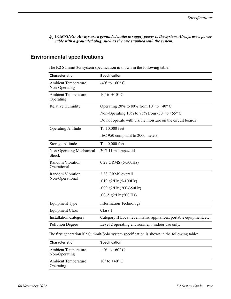 Environmental specifications | Grass Valley K2 System Guide v.9.0 User Manual | Page 217 / 284