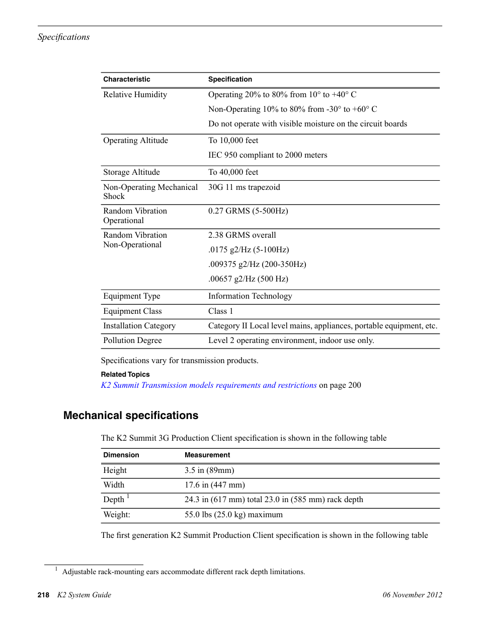 Mechanical specifications | Grass Valley K2 System Guide v.9.0 User Manual | Page 218 / 284