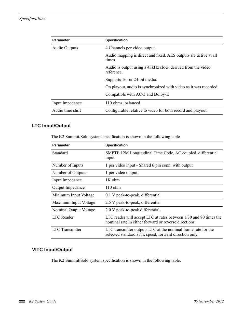 Ltc input/output, Vitc input/output, Ltc input/output vitc input/output | Grass Valley K2 System Guide v.9.0 User Manual | Page 222 / 284