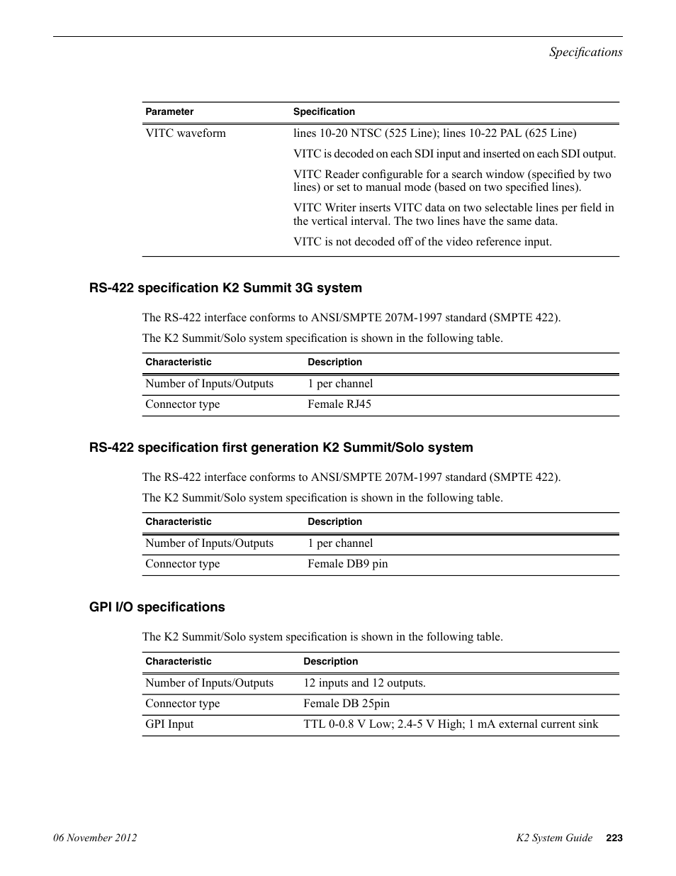 Rs-422 specification k2 summit 3g system, Gpi i/o specifications | Grass Valley K2 System Guide v.9.0 User Manual | Page 223 / 284