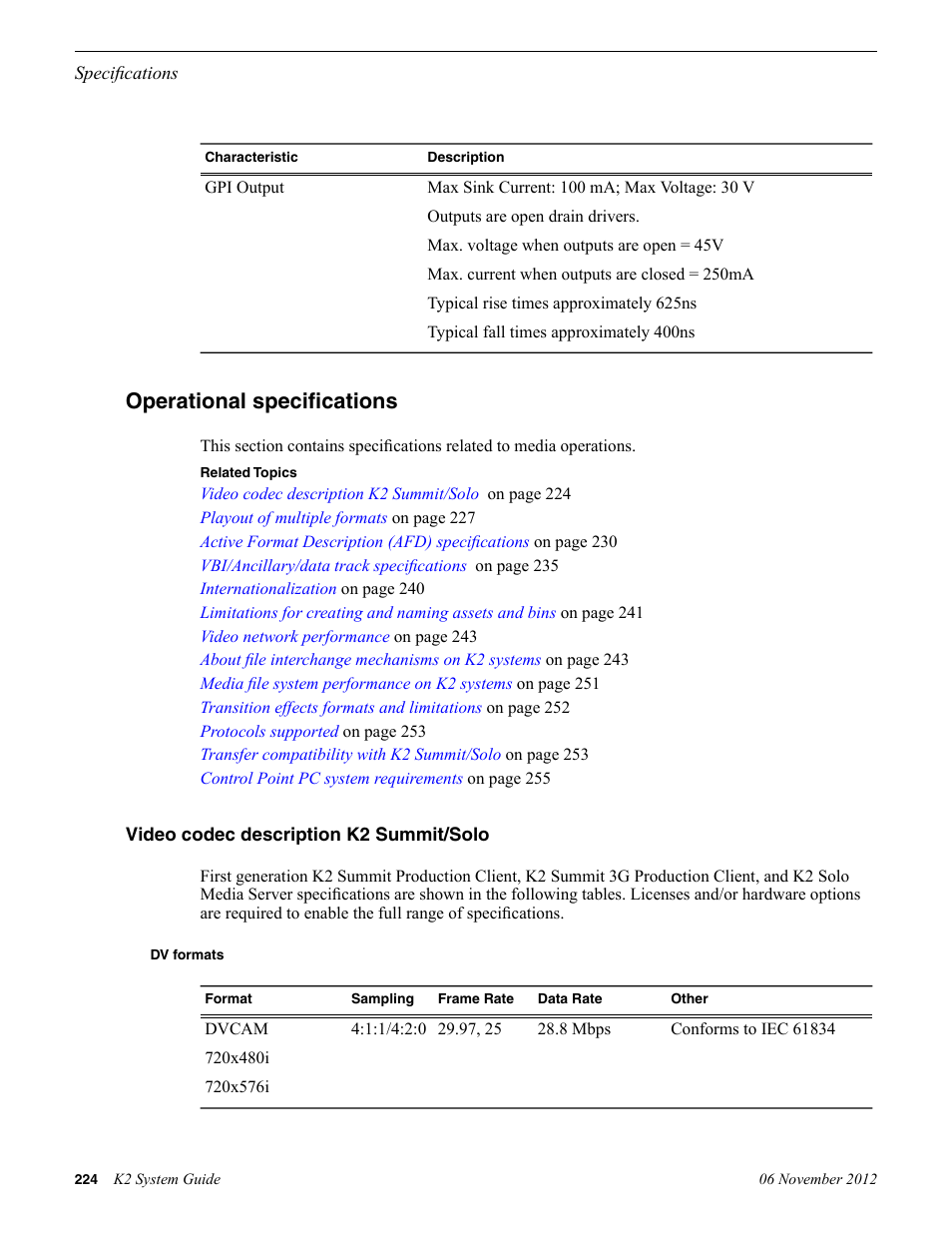 Operational specifications, Video codec description k2 summit/solo, Dv formats | Grass Valley K2 System Guide v.9.0 User Manual | Page 224 / 284
